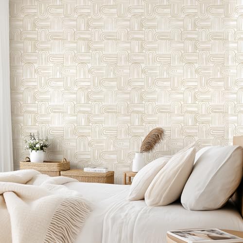 Boho Peel and Stick Wallpaper Light Beige and White Contact Paper Geometric Wall Paper 17.3" x 120" Self Adhesive Vinyl Removable Wallpaper for Cabinets Bedroom