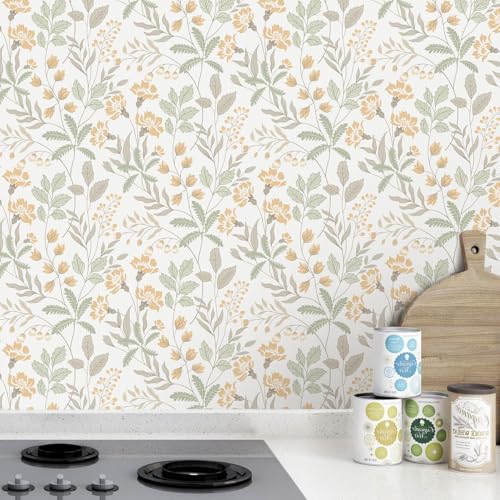 Rugreat Modern Floral Wallpaper Peel and Stick Boho Leaf Flower Contact Paper for Cabinets Self Adhesive Removable Wallpaper for Bathroom Waterproof Botanical Contact Paper Colorful 78.8inL 17.3inW