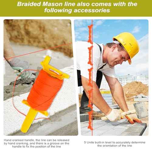 Mason String Line with Handle #18, 540 Feet Braided Nylon Twine, Fluorescent Orange Construction String Line Reel with 5 Built-in Levels for Outdoor Projects, DIY and Gardening