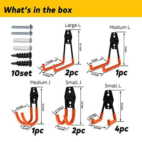10-Pack Steel Garage Storage Utility Double Hooks, Heavy Duty for Organizing Power Tools, Ladders, Bulk Items, Bikes, Ropes Helmet Skateboard Basketball (Orange)