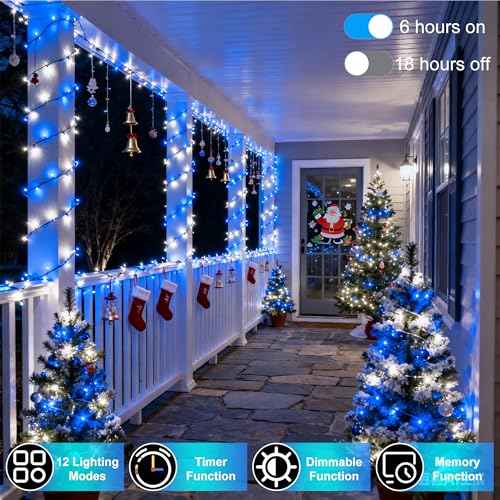 1500 LED 470FT Christmas String Lights Outdoor, 12 Pro Modes and Timer Memory & Brightness, Plug in Waterproof Clear Wire Twinkle Light for for Xmas Yard Tree Wedding Party Decor (Blue & White)