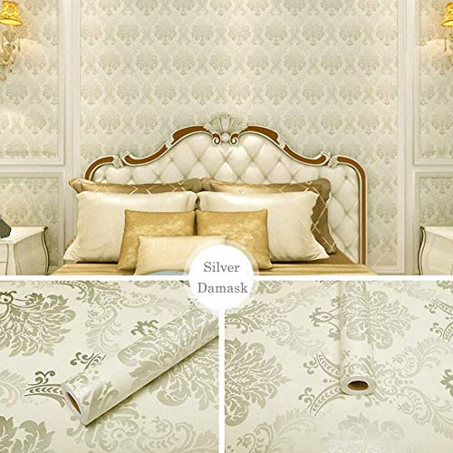 Lependor Silver Damask Peel and Stick Wallpaper Easily Removable Printed Stick Wall Paper Decorative Self Adhesive Shelf Drawer Liner Roll - 17.71¡± Wide x 118¡± Long (17.71" X 9.8 ft, Silver Damask)