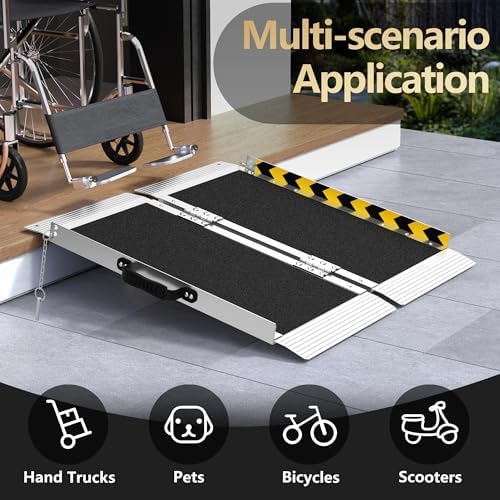 2FT Portable Wheelchair Ramp, Aluminum Wheelchair Ramps with Handle, Anti-Slip Folding Wheel Chair Ramp for Home Steps, Stairs, Entry, Threshold, Doorways, Scooter, 600LBS Capacity