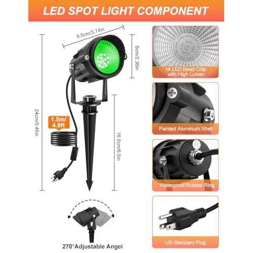 Christmas Green Landscape Lights Outdoor, 14 LED Landscape Lighting with US Plug, IP65 Waterproof Spotlights for Tree Yard Garden Pathway St. Patrick's Day Halloween Decor 4 Pack