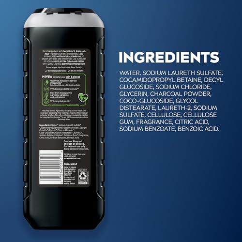 NIVEA MEN Real Madrid Limited Edition Design Active Clean Body Wash with Natural Charcoal for Normal to Oily Skin, 3-in-1 Charcoal Body Wash, Face and Hair, 16.9 Fl Oz Bottle, Pack of 3