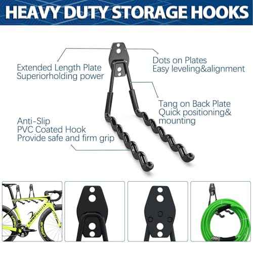 3-H Garage Hooks Heavy Duty with 2 Storage Straps, Utility Garage Wall Mount Hooks for Garden, Ladders, WeedEater, Shovel(Black)