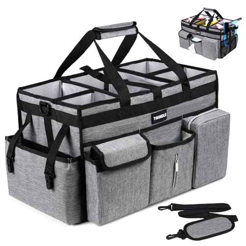 Large Cleaning Caddy Bag with Rigid Support Board, Cleaning Organizer Tote with Detachable Divider, Adjustable Shoulder Strap & Waist Belt, Cleaning Supply Carrier for Cleaners & Housekeepers