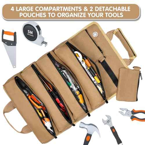 Roll Up Tool Bag, Heavy Duty Tool Organizer Bag, Portable Tools Bag with 6 Tool Pouches for Mechanics, Electricians, DIY Projects, Gifts for Men Dad Husband (Khaki)
