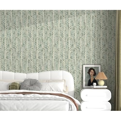 tiltil Peel and Stick Wallpaper Green Leaf Contact Paper Boho 17.7"x78.8" Modern Self Adhesive Wallpaper Removable Decorative Contact Paper for Cabinets and Drawers Wallpapers for Bathroom Waterproof