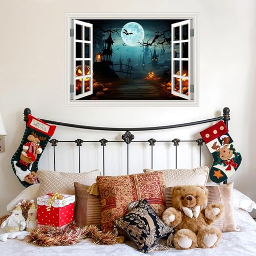 Fake Window Wall Decals Halloween Pumpkin Castle Bat Night View Terror Mural Faux Window Sticker Poster Open Wall Art Picture£¬ for Room Office Decor Stick and Peel Natural Scenery Scene 16¡°x24¡±