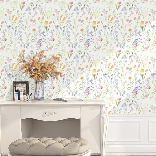 Floral Peel and Stick Wallpaper Boho Contact Paper Flower Leaf Removable Self Adhesive Waterproof Wall paper for Bathroom Bedroom Nursery Wildflower Botanical Thickened Vinyl Roll 17.32inW 118.11inL