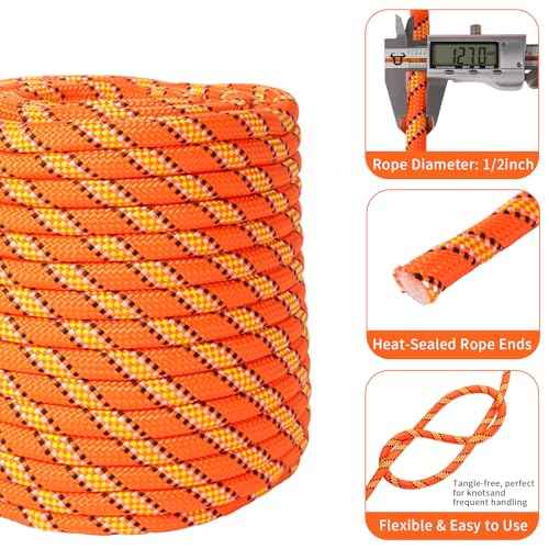 Arborist Rope Tree Rope Polyester Bull Rope (1/2in x 150ft) 48 Strands for Pull Swing Knot (Orange)
