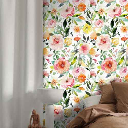 Colourful Ink Floral Wallpaper,17.71"x118.1" Peel and Stick Wallpaper Self-Adhesive Contact Paper for Living Room Bedroom Washroom Cabinet Wall