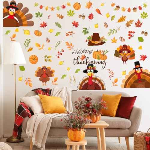 ReliThick 6 Sheets Thanksgiving Wall Decals Turkey Pumpkin Maple Leaves Stickers Thanksgiving Peel and Stick Fall Decor for Home Bedroom Bathroom Wall Door Window Decor