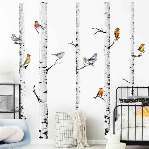 Supzone Large Birch Tree Wall Decals 5 White Tree Forest Birds Wall Stickers Peel and Stick Wall Art Decor for Bedroom Living Room Kitchen Sofa TV Backdrop Wall Decoration