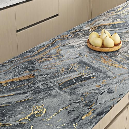 Livelynine Marble Peel and Stick Wallpaper Gold Black Marble Contact Paper Peel and Stick Countertops Kitchen Countertop Vinyl Wrap Waterproof Desk Self Adhesive Covering Counter Top Covers 15.8x78.8