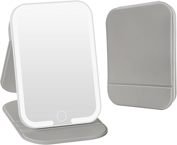 Rechargeable Travel Mirror with Light, LED Makeup Mirror with Lights, Portable Vanity Mirror with 3 Color Lighting, Touch Dimmable Lighted Cosmetic Mirror, Travel Essentials (Gray)