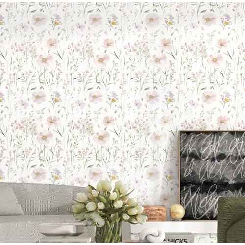 Floral Peel and Stick Wallpaper Boho Contact Paper Self Adhesive Removable Wallpaper Pink Floral 17.3''x78.7'' White Wildflowers Wall Paper for Bedroom Bathroom Art Deco Wall Papers Vinyl Roll
