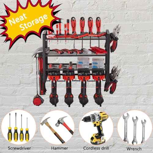 Power Tool Organizer, 4 Layers Heavy Duty Metal Tool Shelf, Drill Holder Wall Mount, Utility Storage Rack for Cordless Drill Charging Station Screwdriver, black