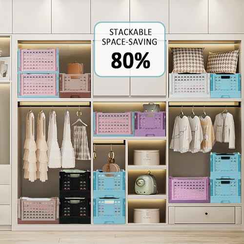 Stackable Plastic Closet Storage Basket, 2 Pack Foldable Closet Organizers and Storage Bins, Decorative Basket for Closet, Shelves, Laundry, Wardrobe Organizing (Purple Black)