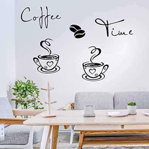 CUNYA 2 Sets Kitchen Wall Decor Stickers, Cups Coffee Time Quotes Decals with Beans Mural, Peel and Stick Wallpaper, DIY Removable Wall Art Decals Mural Posters Home Decor
