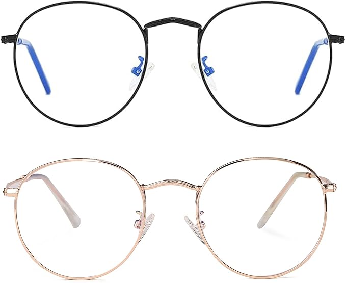 HJSTES Round Blue Light Glasses for Women Men Retro Circle Clear Lens Metal Frame Eyeglasses