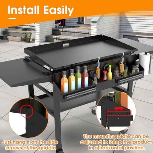 Universal Front Griddle Caddy for Blackstone 28" & 36" Griddles, Front Tool/Bottle Shelf with 2PCS Magnetic Tool Holder & Paper Towel Holder for Blackstone Griddle, Space Saving Storage Caddy