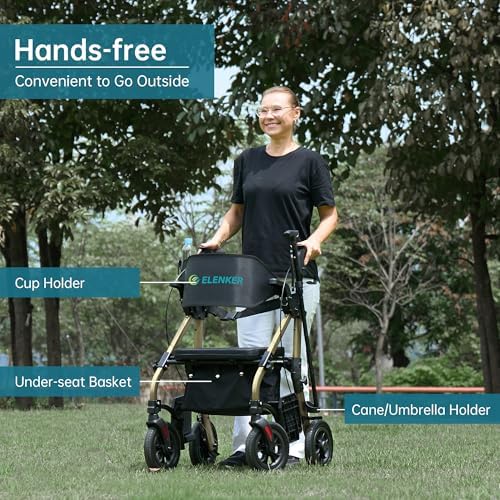 ELENKER All Terrain Rollator Walker Transport Wheelchair Combo, 2 in 1 Rolling Walker with Padded Seat and Wide Backrest, Champagne