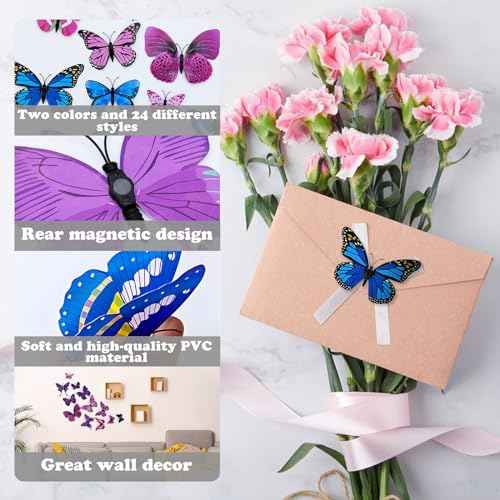 24PCS Butterfly Wall Decor, 3D Butterfly Decorations Wall Art Wall Decals with Magnets & 60PCS Adhesive Tapes 5 Styles Butterfly for Party Refrigerator Window Garden (Magnet Blue+Purple)