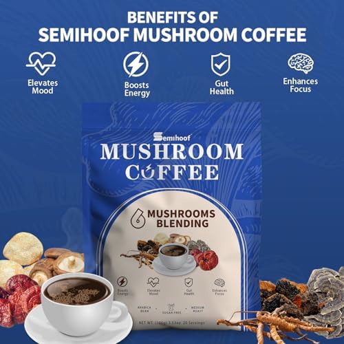 Seminhoof Instant Mushroom Coffee Powder Extract with Chaga,Lions Mane Turkey Tail Shiitake Cordyceps Reishi for better Focus, Energy, Digestion and Immunity Weight Loss Arabica Bean 20 Servings