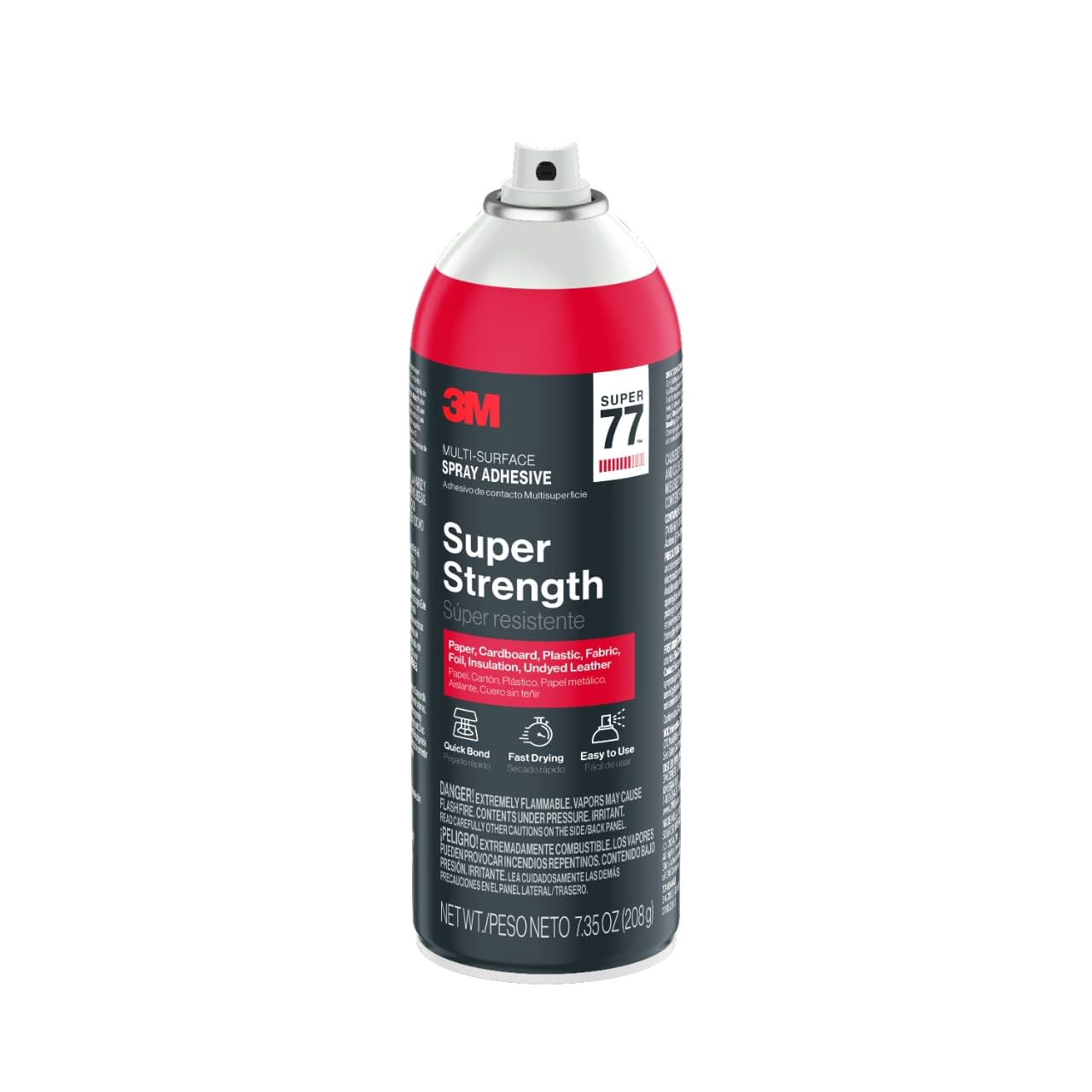 3M Super 77 Multi-Surface Spray Adhesive, 7.35 oz., Low VOC, Quick Bond, Fast Drying, Clear Finish for Foil, Foam, Paper, Metal, Plastic, Fabric, and Cardboard (77-10-NAT), 4-Pack