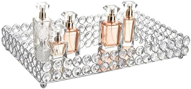 Feyarl Crystal Perfume Tray Cosmetic Vanity Makeup Tray Mirrored Jewelry Trinket Rings Earrings Organizer Storage Decorative Tray for Dresser Countertop Wedding Home Bathroom(13.7" x 7.87")
