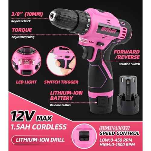 147 Piece Pink Power Drill Drivers Tool Set with 12V Cordless Drill, Professional Household Home Tools Kit Set, DIY Pink Electric Drill Cordless Hand Tool Box for Women