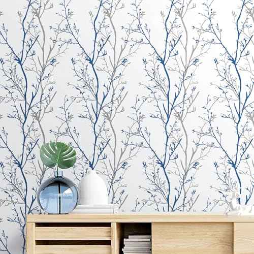Mecpar Gray Blue Tree Branches Peel and Stick Wallpaper 17.71" x 78.7" Natural Wall Paper Modern Tree Branch Contact Paper Removable Wallpaper Self-Adhesive Vinyl for Furniture Crafts Walls