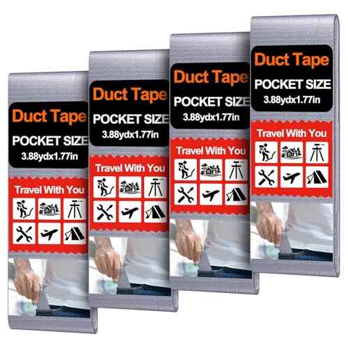 4 Pack 1.77 in x 10 ft Travel Duct Tape Mini Pocket Size Flat Roll Flexible Heavy Duty Waterproof Tear by Hand for Repair Outdoor Emergency Gear EDC DIY Craft Camping Hiking (Silver)