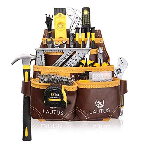 LAUTUS Oil Tanned Leather Tool Nail Pouch Bag |Cherry | Carpenter, Construction, Framers, Handyman | 5 Pockets, 2 Snap Loops | 100% Leather