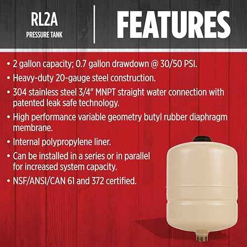Red Lion RL2A - 2-Gallon Inline Pre-Charged Pressure Tank for Well Pumps, 3/4-Inch MNPT System Connection, Almond, 604652