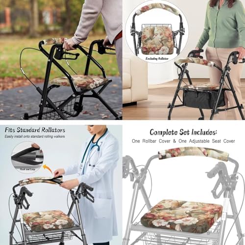 LedBack 3 Pack Rollator Accessories Walker Seat and Backrest Rollbar Covers Walker Storage Bag Hummingbirds Florals Universal Walker Accessories for Mobility Scooter