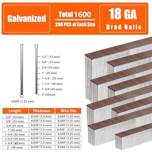18 Gauge Galvanized Brad Nails Brown T-head 8 Sizes 1600-Pack (1/2"+5/8"+3/4"+1"+1-1/4"+1-1/2"+1-3/4"+2"), 200 per size Assorted Size Project Pack, for Pneumatic, Electric 18GA Brad Nailer Gun