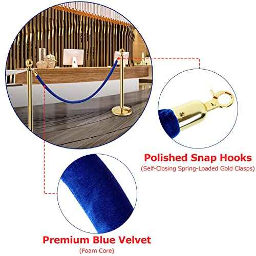 4 Pack Blue Velvet Stanchion Rope, 5ft Velvet Ropes Stanchion Ropes with Gold Clasps, Crowd Control Rope Queue Safety Sarriers Stanchion Post Rope for Party Event and Red Carpet