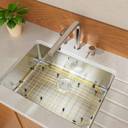 Gold Large 26" x 14" Kitchen Sink Grid,Sink Protector for Kitchen Sink,Stainless Steel Sink Rack with strainer,sink grate for Bottom of Sink,Rear Drain with Corner Radius,Stainless Steel