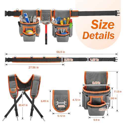 Puratalon Tool Belt Suspenders Padded Carpenter for Men, Detachable & Adjustable Electrician Tool Belts with 24-Pocket for Framers, Roofing, Contractor, 32''-66", Grey and Orange