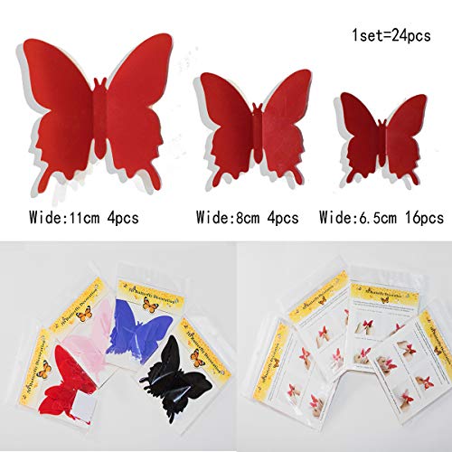 24Pcs 3D Butterfly Removable Mural Stickers Wall Stickers Decal for Kids Girls Baby Women Bedroom Bathroom Living Room Decor(red)