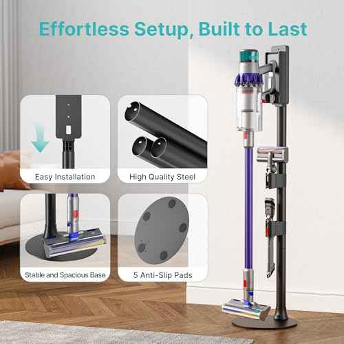 Vacuum Cleaner Stand, Compatible with Dyson Gen5 V15 V12 V11 V10 V8 V7 V6, Vacuum Holder with 2 Removable Accessory Clips, Cordless Vacuum Attachment Organizer with Built-in Cable Slot, Black