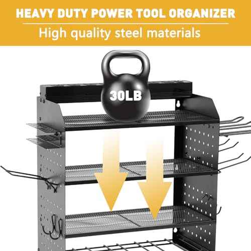 Modular Power Tool Organizer Wall Mount with Charging Station,8 Outlets,4-Layer,6 Drill Holders,4 Hooks,Metal drill holder wall mount,6.5ft Cord,Garage,Workbench,Workshop,Black