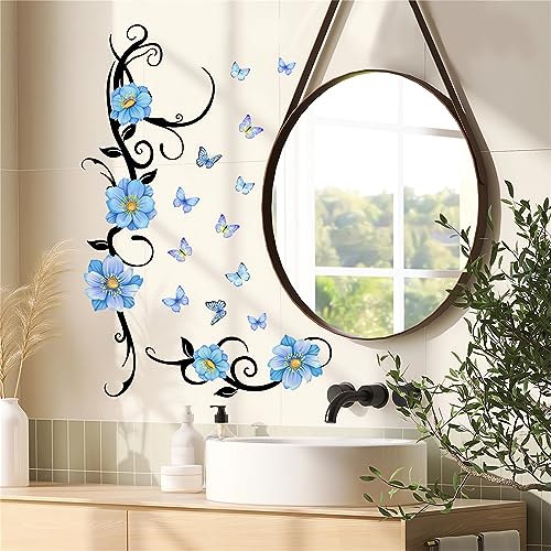 Blue Flower Vine Butterfly Wall Stickers, sacinora Floral Art Wall Decals Removable Vinyl Peel and Stick Wall Mural for Living Room Bedroom Nursery Children's Room Furniture Door Decorations