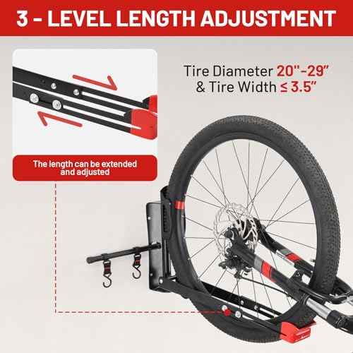 Bike Wall Mount Rack Adjustable & Foldable Garage Bike Rack with Swivel Design & 2 Storage Hooks, Fits 20"-29" Bikes, Holds Up to 77 lbs, Easy Install & Space-Saving Bike Storage 1 Pack