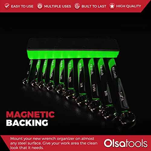 Olsa Tools Magnetic Wrench Holder Organizer - Green - Fits SAE 3/8" to 15/16" & Metric 10mm to 19mm - Durable Tool Storage Solution - Part 1141