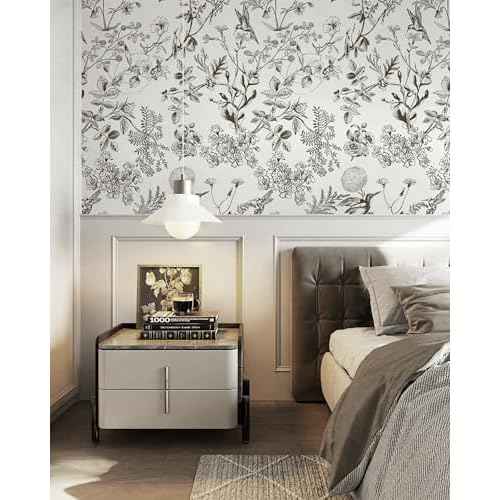 Safiyya Peel and Stick Wallpaper Floral Birds Contact Paper Black and White Wall Paper Peel and Stick Modern Boho Removable Self Adhesive Wallpaper Vinyl Rolls 118"x17.3"