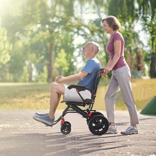 18”W x 18”D Seat Wheelchairs for Adults Transport Chair Lightweight Foldable with Telescopic Handle, Portable Folding Travel Wheel Chairs for Seniors，21.4 lbs，12” Rear Wheel